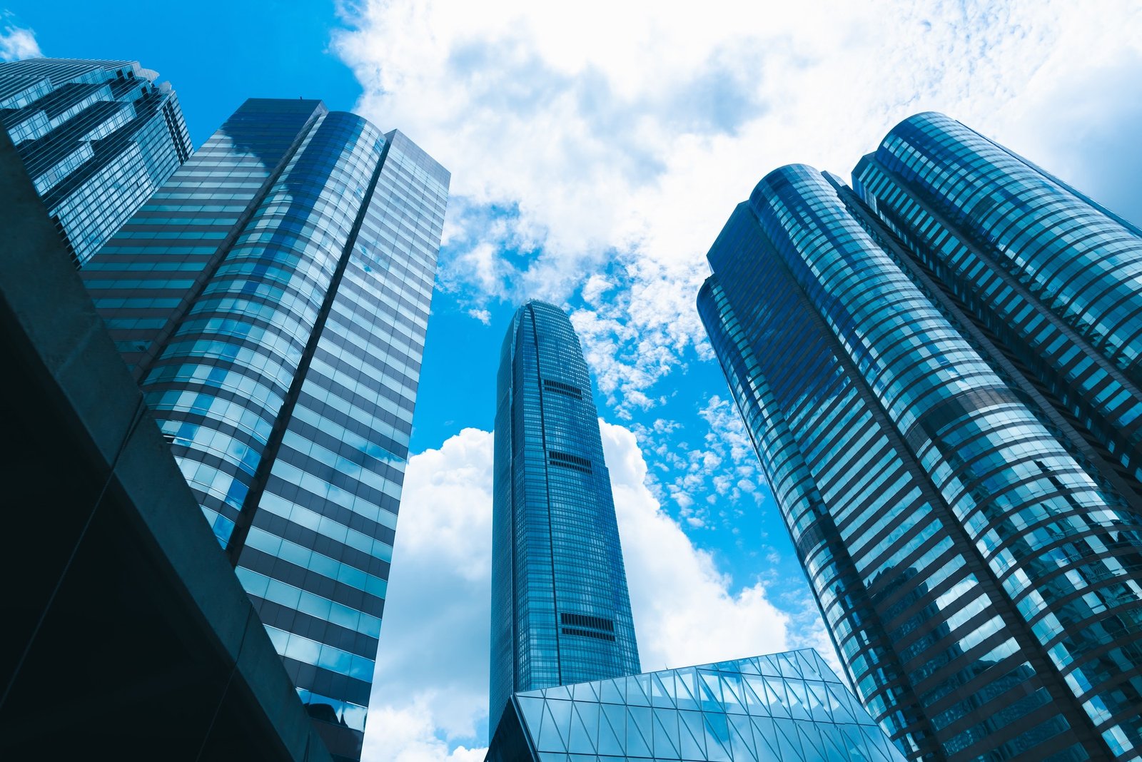 skyscraper building in hong kong city view in blue filter